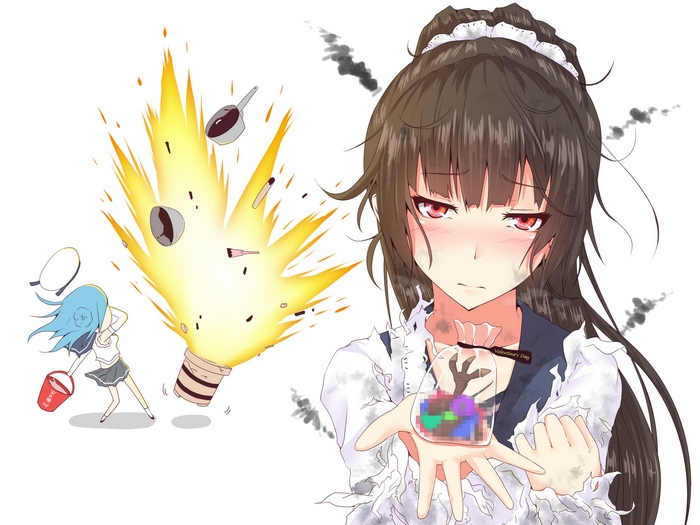 Isokaze from Kantai Collection with an explosion