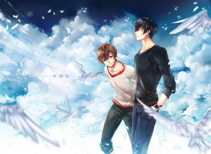 Two young men and birds in the sky