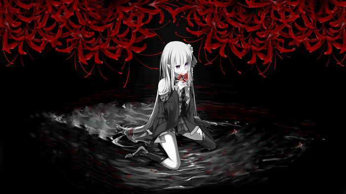 Satella Kneeling Among Red Flowers in Dark Pool