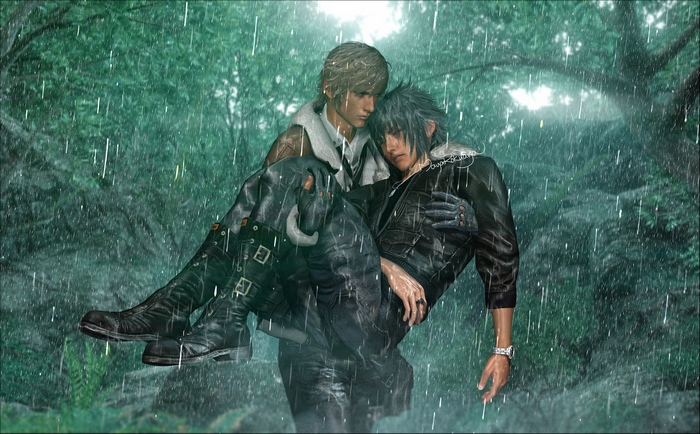 Ignis Scientia carrying Noctis Lucis Caelum in the rain