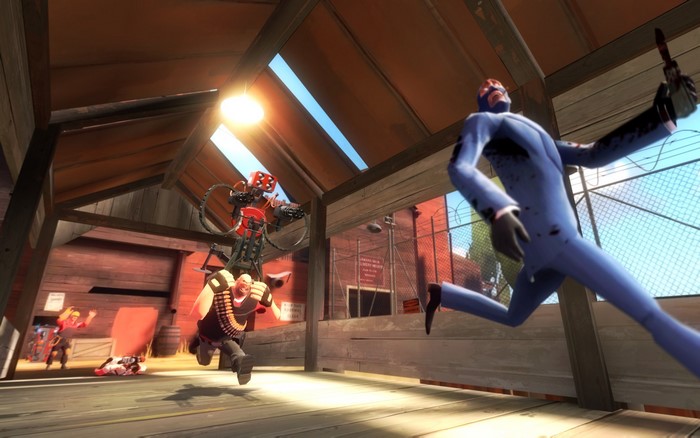 Spy from Team Fortress running from Heavy and Engineer