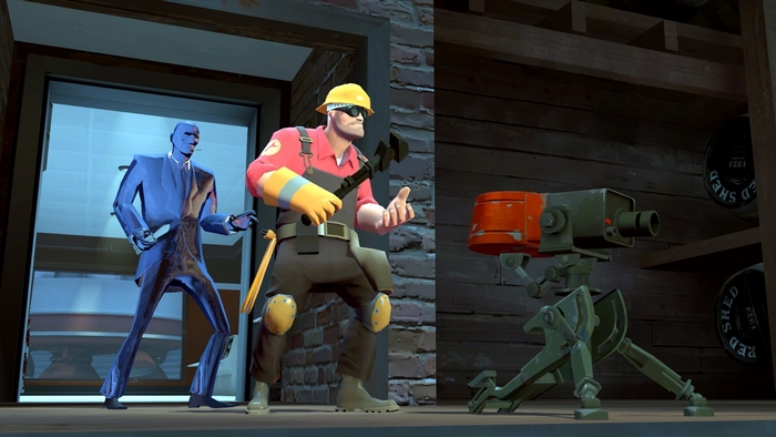 Spy and Engineer from Team Fortress with a Sentry Gun