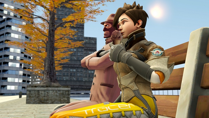 Spy from Team Fortress and Tracer from Overwatch sitting on a bench