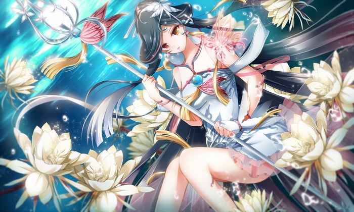 Anime girl with staff and lotus flowers