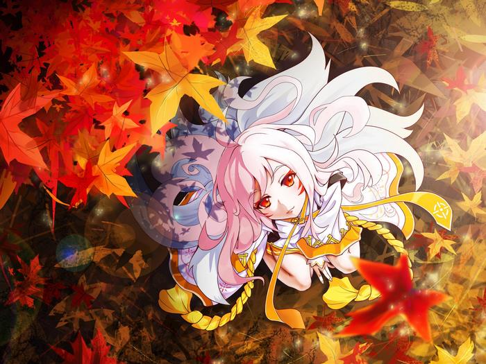 Anime girl with fox ears and tails in autumn leaves