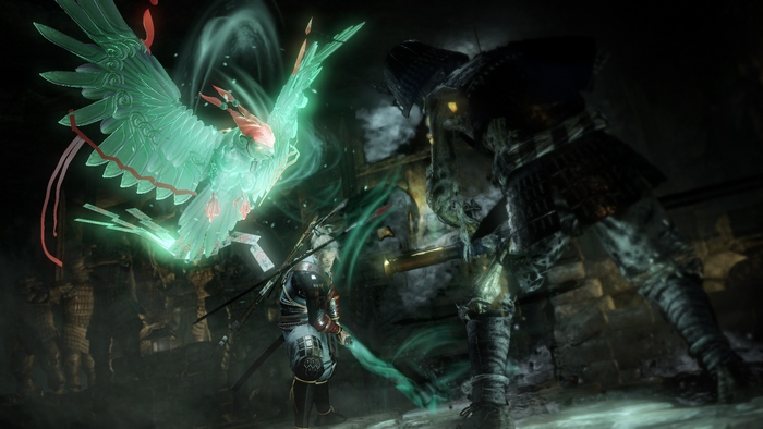 William Adams from Nioh fighting a spirit bird and enemy
