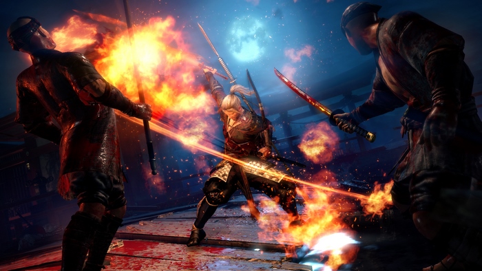 William Adams from Nioh fighting enemies with swords and fire