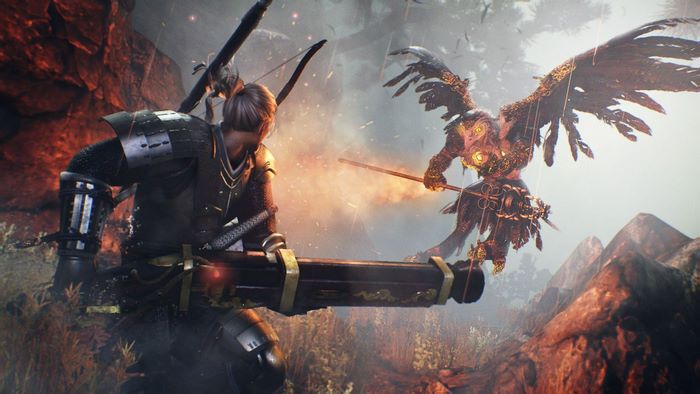William Adams from Nioh fighting a winged demon