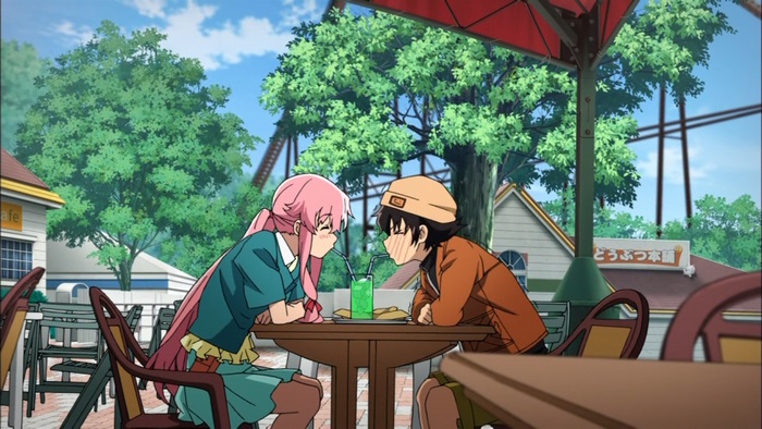Yukiteru Amano and Yuno Gasai sharing a drink