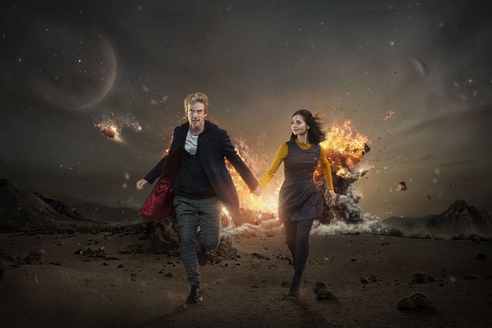 The Twelfth Doctor and Clara Oswald running from an explosion