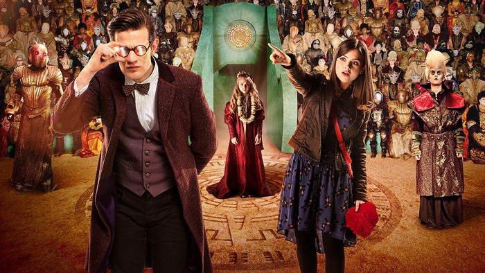 The Eleventh Doctor and Clara Oswald with the Great Intelligence