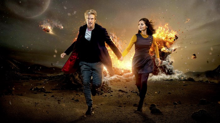 The Doctor and Clara Oswald running from an explosion