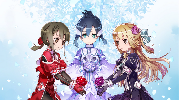 Three anime girls holding flowers