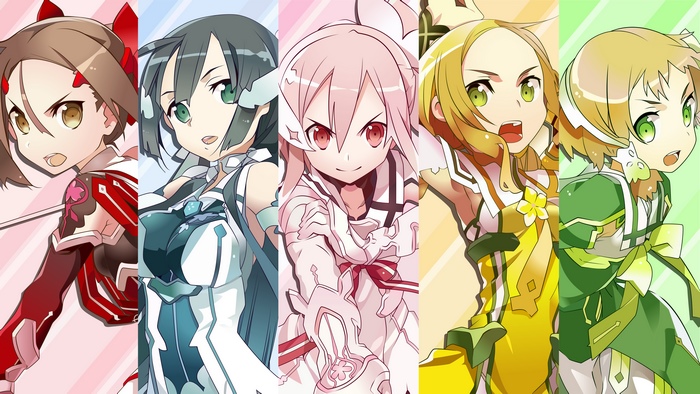 Five anime girls in colorful outfits