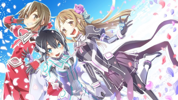 Three girls in futuristic outfits with petals falling