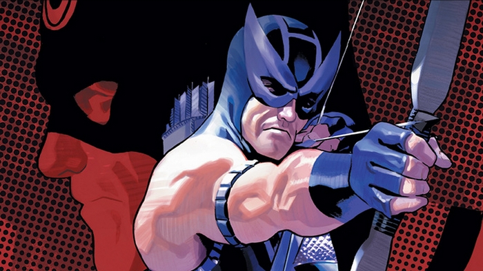 Hawkeye from Marvel Comics aiming a bow