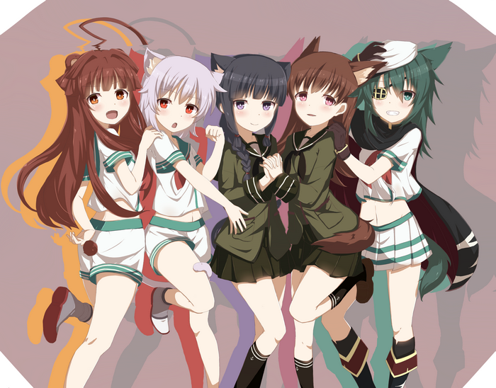 Five anime girls with animal ears and tails