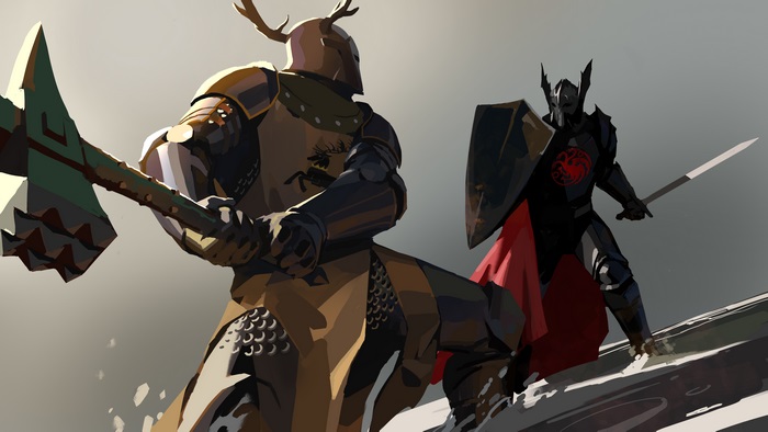 Two knights in armor, one with antlers and a stag sigil, the other with a dragon sigil