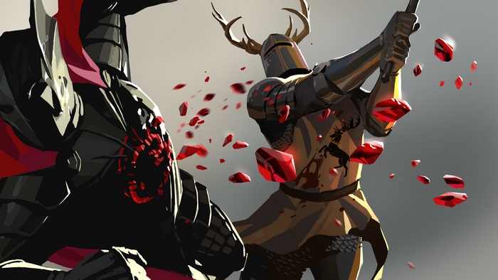 Two knights in armor fighting, one with antlers