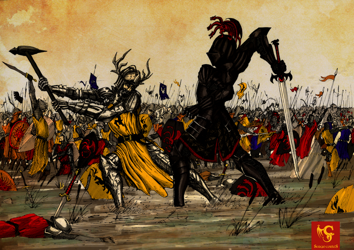 Battle between knights in armor with banners