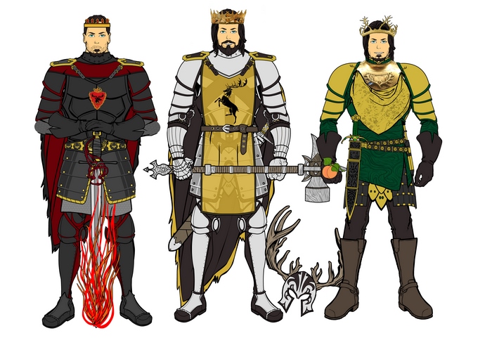 Three armored kings with crowns and weapons