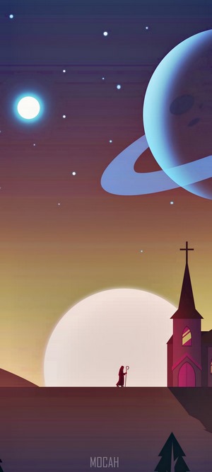 Illustration of a shepherd walking towards a church under a starry sky with planets