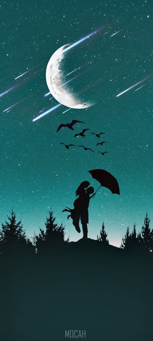 Couple kissing under umbrella with moon and stars