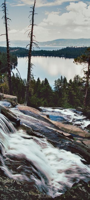 Waterfall flowing into a lake with pine trees