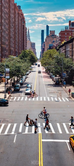 New York City street scene with pedestrians and cyclists