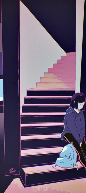 Girl sitting on stairs with backpack