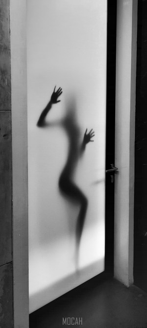 Silhouette of a woman behind frosted glass door
