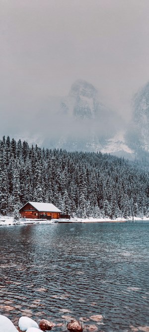 Cabin by a lake in a snowy forest