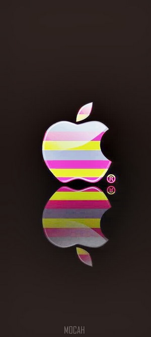 Apple logo with colorful stripes and reflection