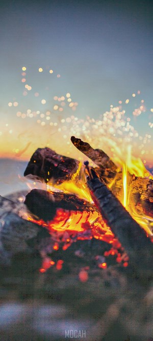 Campfire with sparks at sunset