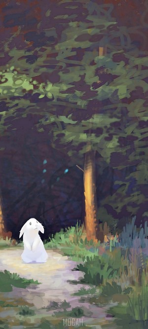 White rabbit in a dark forest path