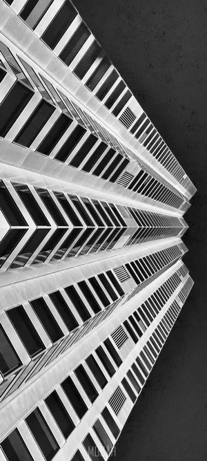 Symmetrical skyscraper facade with dark sky