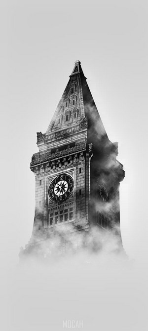 Clock tower shrouded in mist