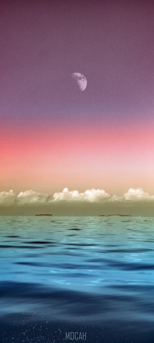 Moon over ocean with islands and clouds