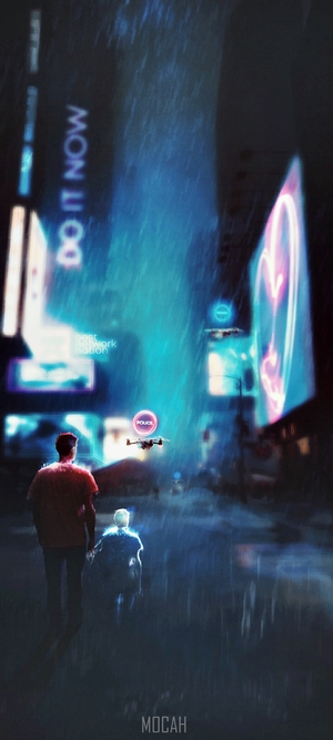 Cyberpunk city street with police drone