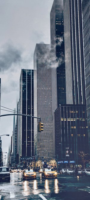New York City street with skyscrapers and yellow cabs