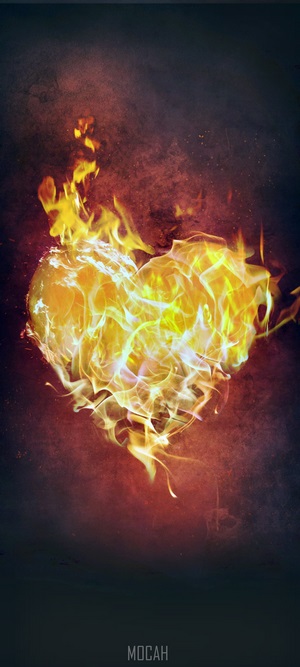 Heart on fire with flames and smoke
