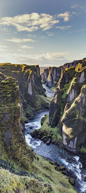 Canyon with river and mossy rocks
