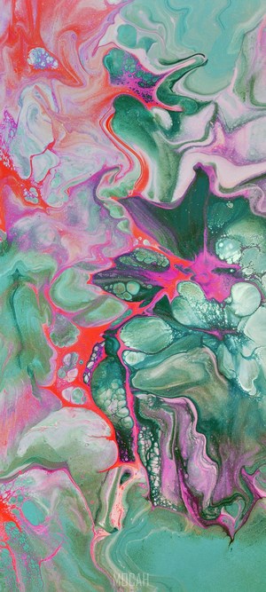 Abstract fluid art with pink, aqua, and green swirls