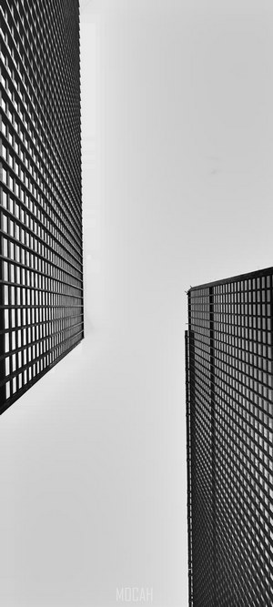 Two skyscrapers viewed from below against a clear sky