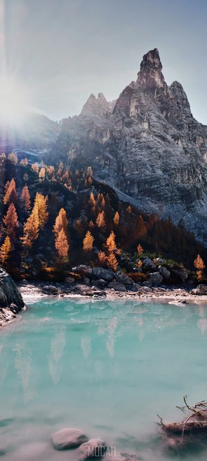 Mountain lake with autumn trees and sun flare