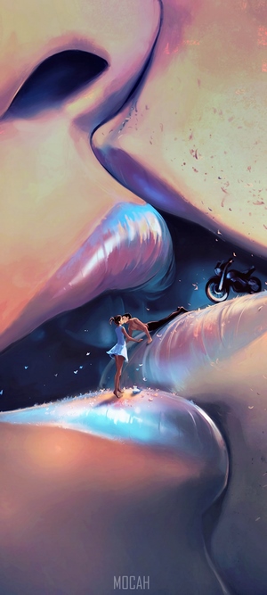 Surrealist painting of a couple kissing on giant lips
