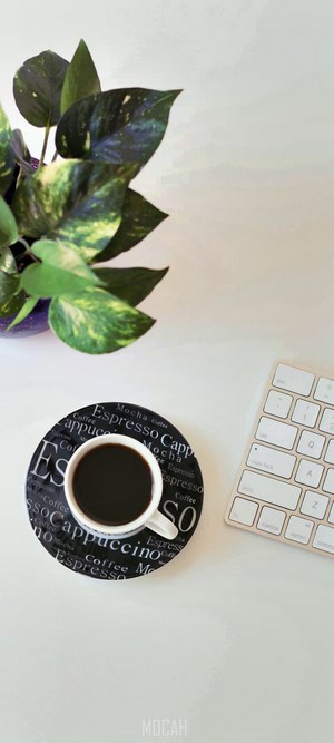 Coffee cup on coaster next to plant and keyboard