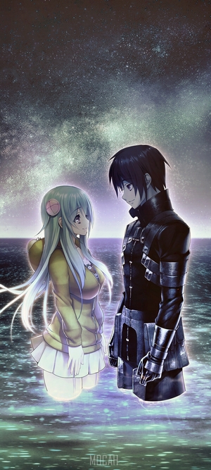 Anime couple standing in water under starry sky