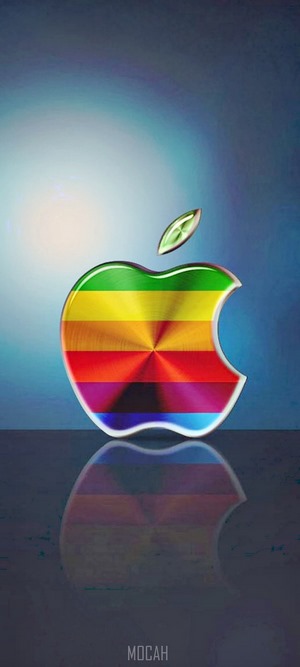 Apple logo with rainbow stripes and reflection
