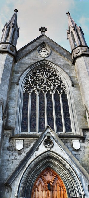 Architecture of a church with stained glass window